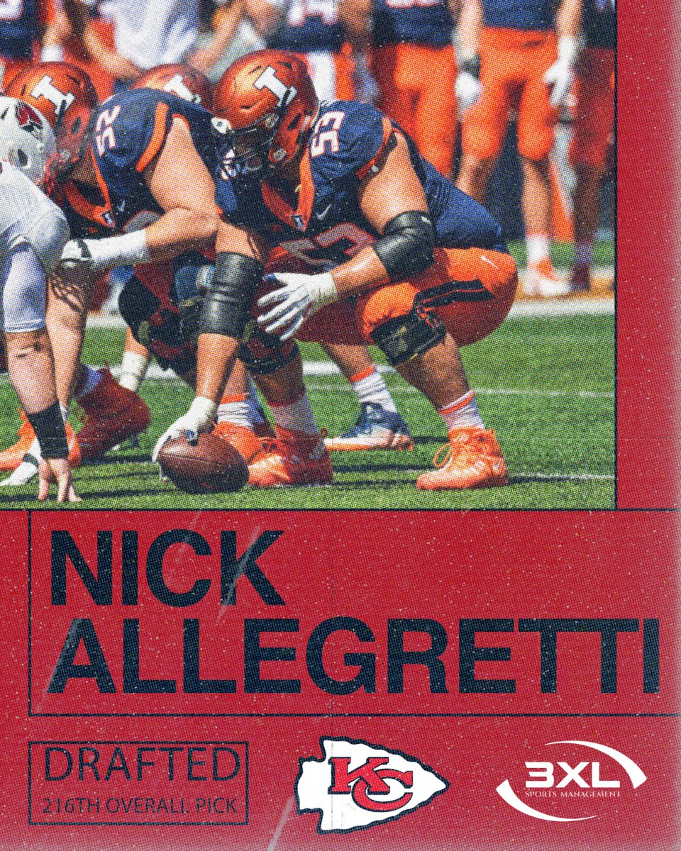 3XLSports's tweet photo. And with the 216th pick of the 2019 NFL Draft, the @Chiefs select... Nick Allegretti!

Congratulations @Gretti_53 on being drafted! You earned it!

@3xlsports @IlliniFootball #3XL #illinois #illini #chiefs #kansascity #kcchiefs #chiefskingdom #drafted #nfl #nfldraft https://t.co/137CiNMPex