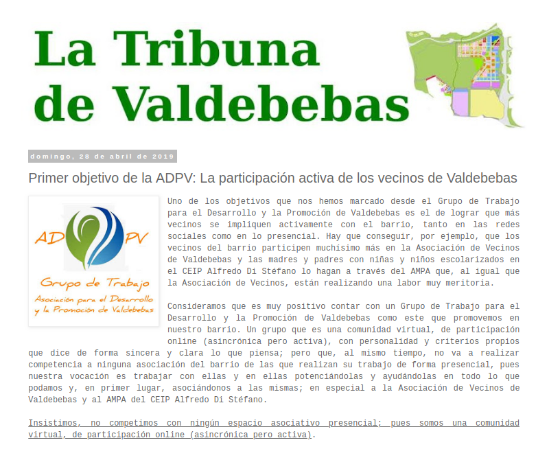 LValdebebas's tweet photo. 👉 Primer objetivo de la #ADPV: La participación activa de los vecinos de #Valdebebas. 👏👍💪👏👍💪Insistimos, no competimos con ningún espacio asociativo presencial; pues somos una comunidad virtual, de participación online (asincrónica pero activa). https://t.co/k37PFNPGaW https://t.co/gSqtpHbpf9