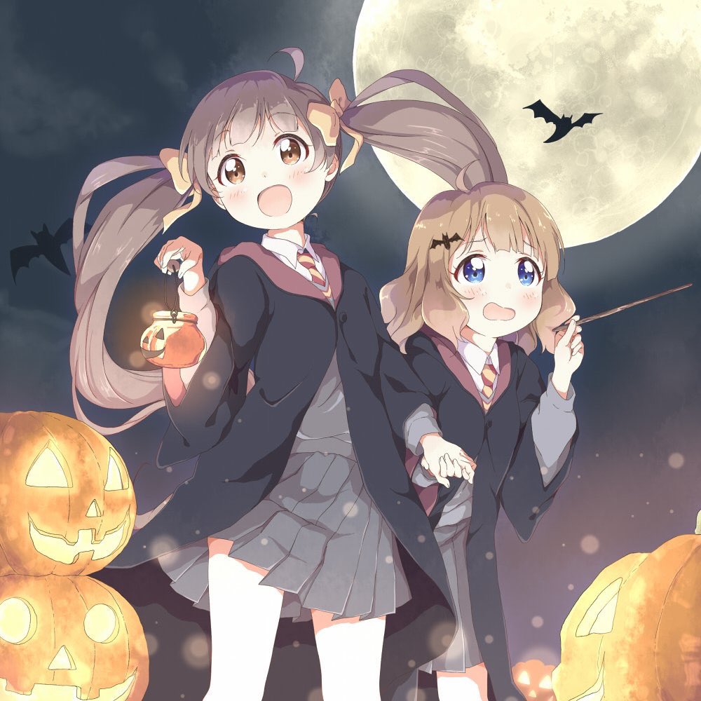 suou momoko multiple girls 2girls wand brown hair hogwarts school uniform lantern moon  illustration images