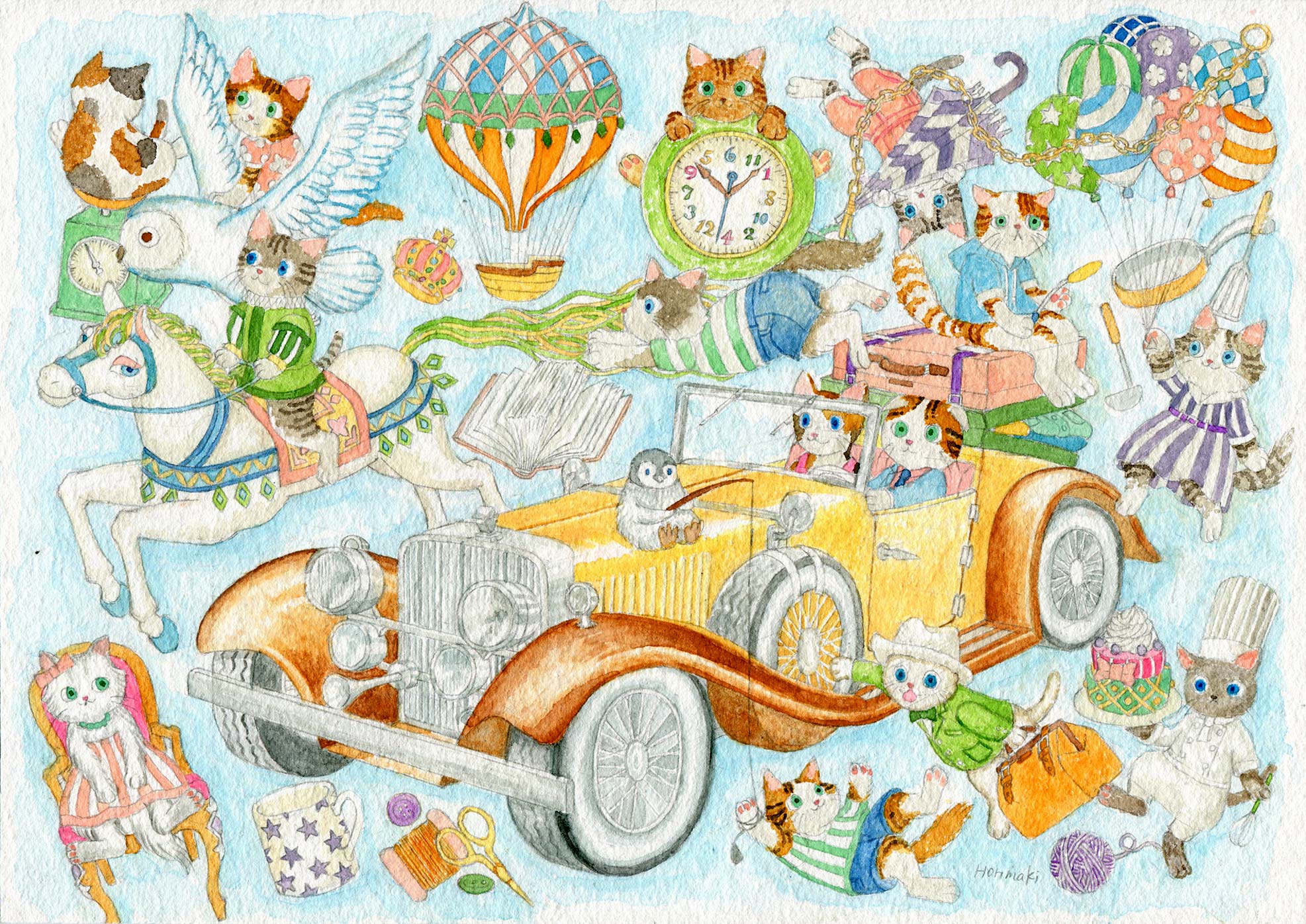 ホリマキ なんかへこんだ いつものことだけど ニャンコ 猫 猫のイラスト かわいいイラスト 手描き 水彩画 アート 絵 車 クラシックカー オープンカー コンバーチブル アナログ 水彩紙 動物 かわいい メルヘン ファンタジー