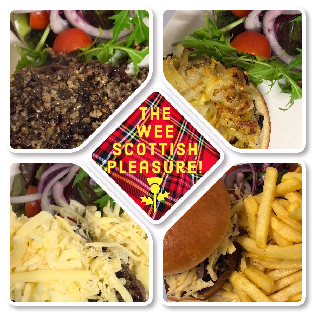 The Wee Scottish Pleasure! Rob needed a wee treat tae himsel so set about building this stoater. It’s on wur Friday Night Burger Menu for awbd’y tae enjoy! 
Juicy Aberdeen Angus Steak Burger in a brioche bun, haggis, neap &amp;potato rosti, topped with The Damn Fine Cheese Co CHEESE.