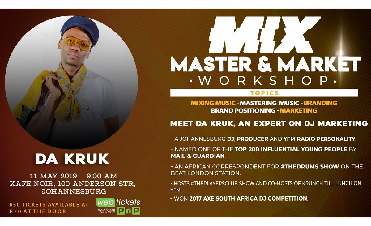 DanceKraal's tweet photo. Book your seat to learn more on #DJMarketing from the proficient @dakruk 

R50 @ Pick n Pay &amp; Webtickets 
https://t.co/HND5YMPXQ7 

R70 @ door

11 May 2019 / 9 am / Kafe Noir, 100 Anderson Street, JHB
#MusicWorkshop #Workshop #HouseMusic #DanceMusic https://t.co/tnYK6z6QLL