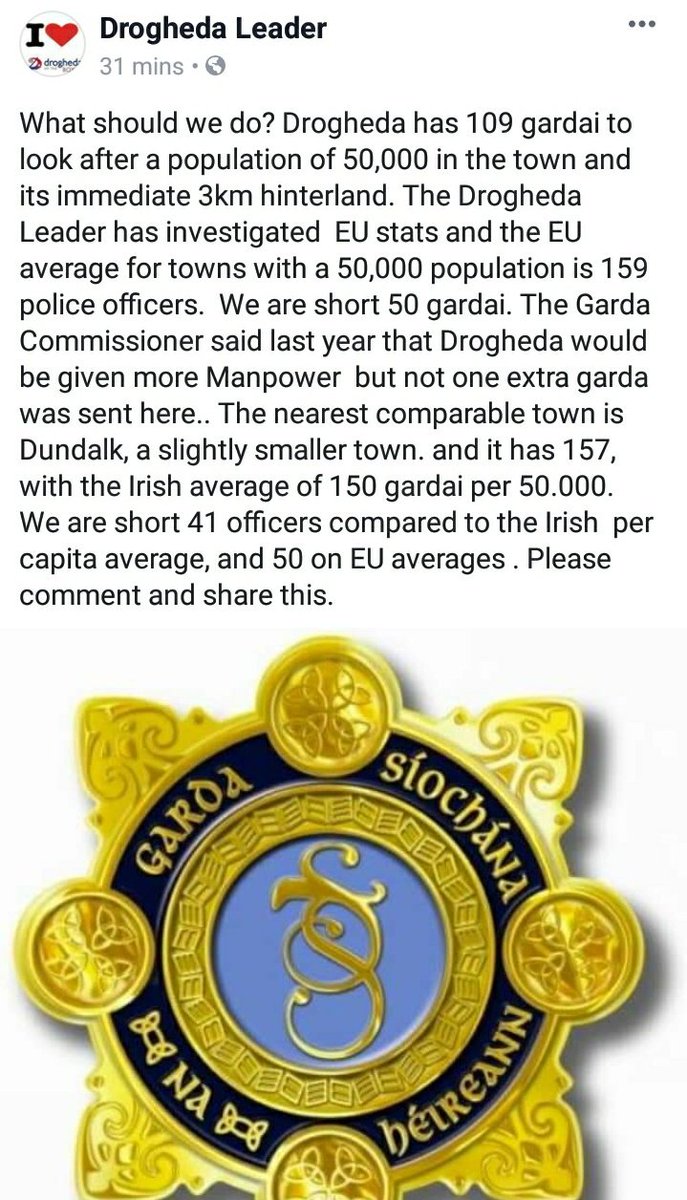 TheoWilliamsss's tweet photo. Very important figures about policing in Drogheda. We are short 50 gardai despite having one of Ireland's youngest and fastest growing populations. Fine Gael have sold this town out #Drogheda #LE19 https://t.co/C1lOUF3jyi