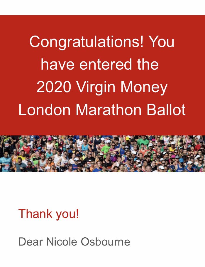 NicoleAmyB's tweet photo. So I’ve banged on about it for years but I’ve finally plucked up the courage to enter in the ballot for next year’s London Marathon... Fingers crossed! 🤞🏼🏃🏻‍♀️ https://t.co/XS6y7LNWBK