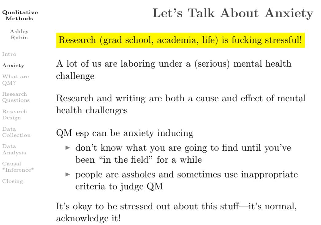 ashleytrubin's tweet photo. Tomorrow I give a four-hour overview of #QualMeth. What's one of the first things on the agenda? Acknowledging the role of anxiety and mental health challenges in the research process (and more generally). (Also the most popular part of my book manuscript among UGs so far.) https://t.co/o5oaoKjLwq