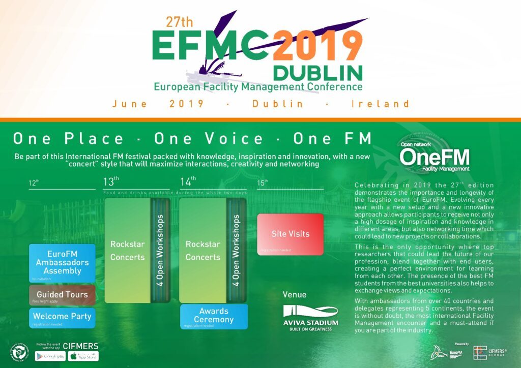 CIBSEIreland's tweet photo. [Upcoming Event] European Facility Management Conference June 12 – 15, 2019 in Dublin. Celebrating in 2019 the 27th edition demonstrates the importance and longevity of the flagship event of EuroFM. Event details here https://t.co/0FVzg6GhuA #cibe #cibseireland #EFMC #EFMC2019 https://t.co/W4EuwK3Xc1