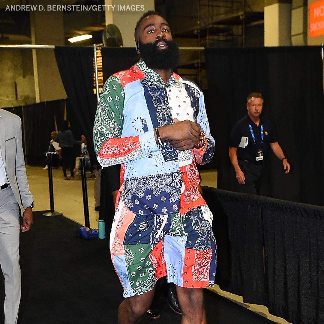 james harden with a very colorful outfit before the rockets warriors game 