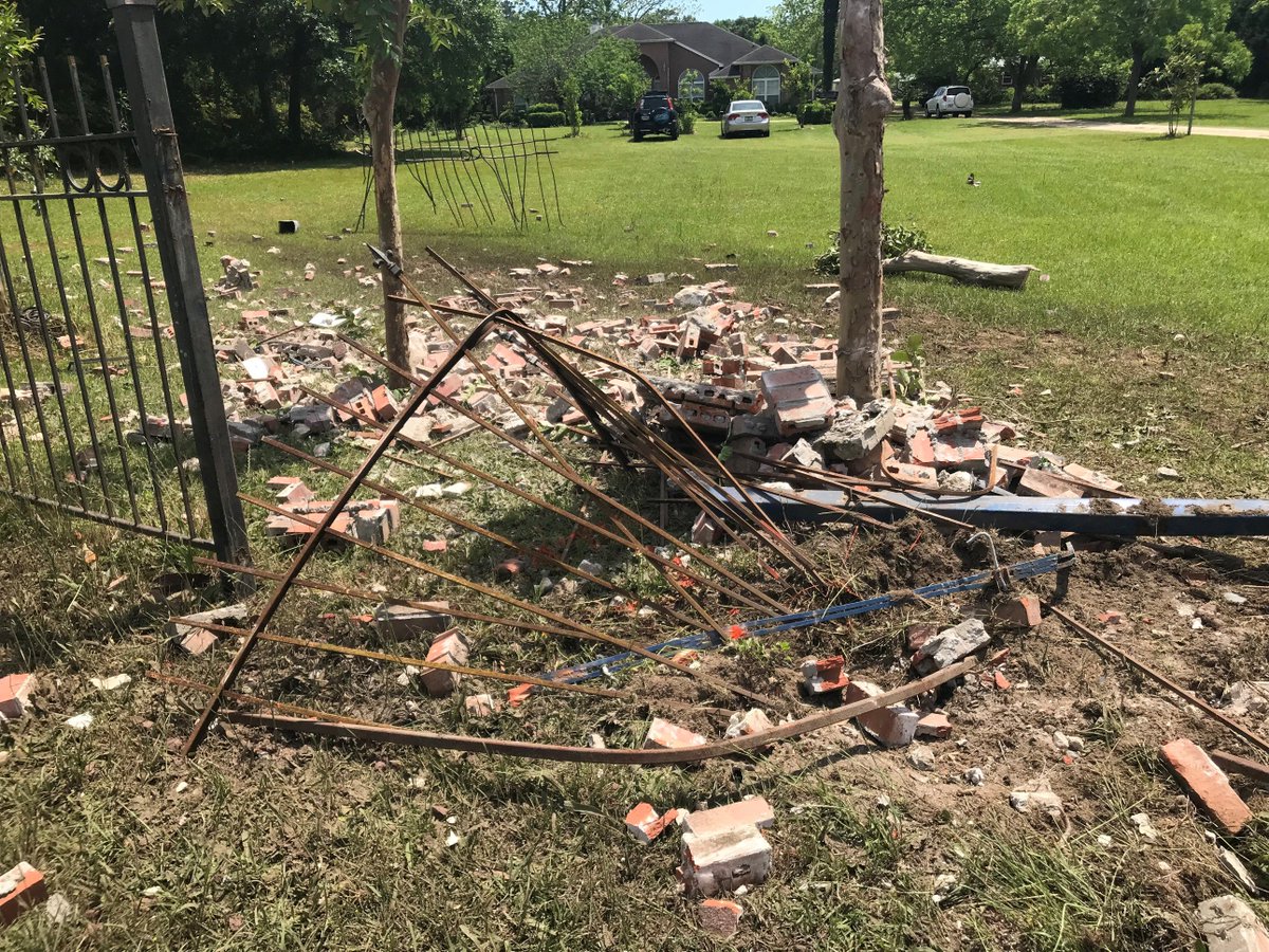 WCCO_Maxwell's tweet photo. A wreck last night off of Mobile Highway and Beulah Road when a truck veered off of the street left this fence destroyed. https://t.co/kwVCvtV8pN