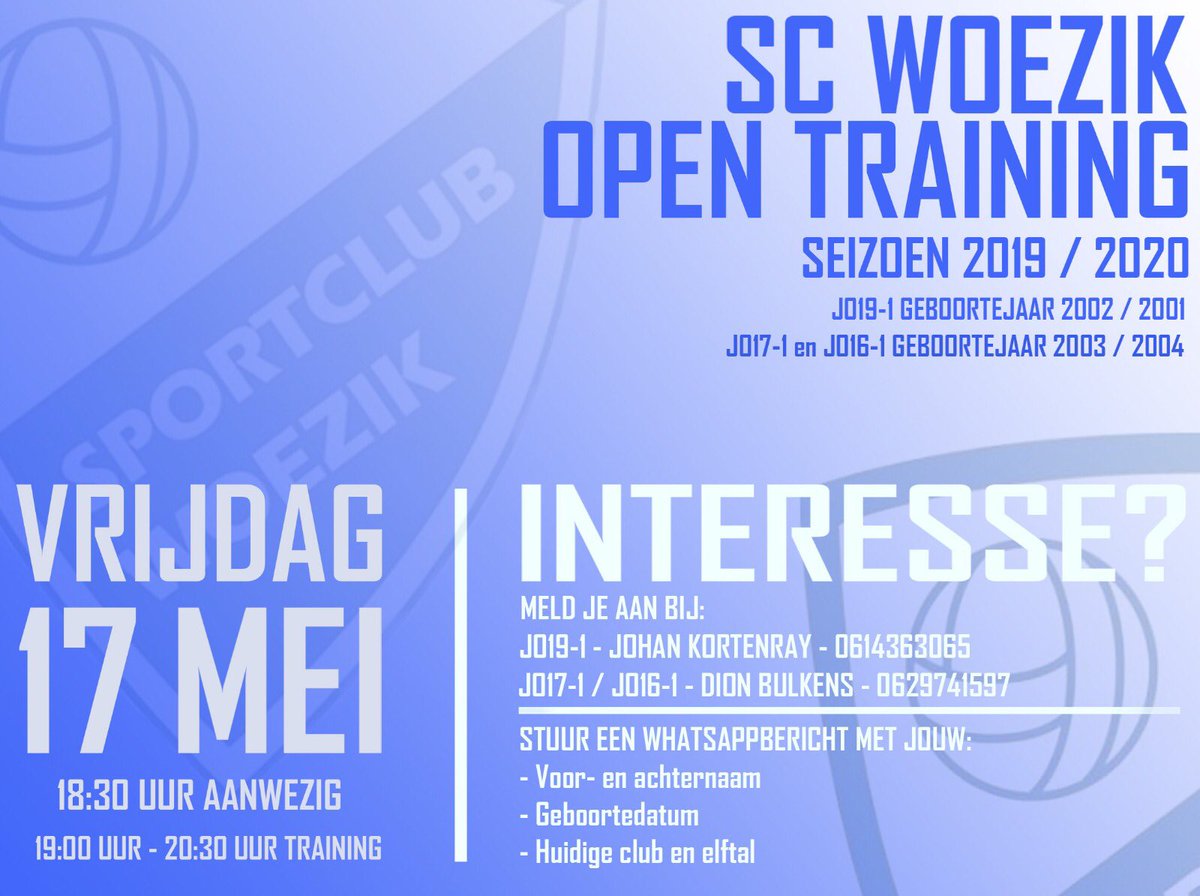 👇🏼⚽️ Open training <a href="/SCWoezik/">SC Woezik</a>
🗓 17 mei 2019
🕢 18.30 u aanwezig
🏟 Sportpark Woezik 
🆔 geboortejaar 2001, 2002, 2003, 2004
#talent #opentraining #jeugd 
Aanmelden via whatsapp