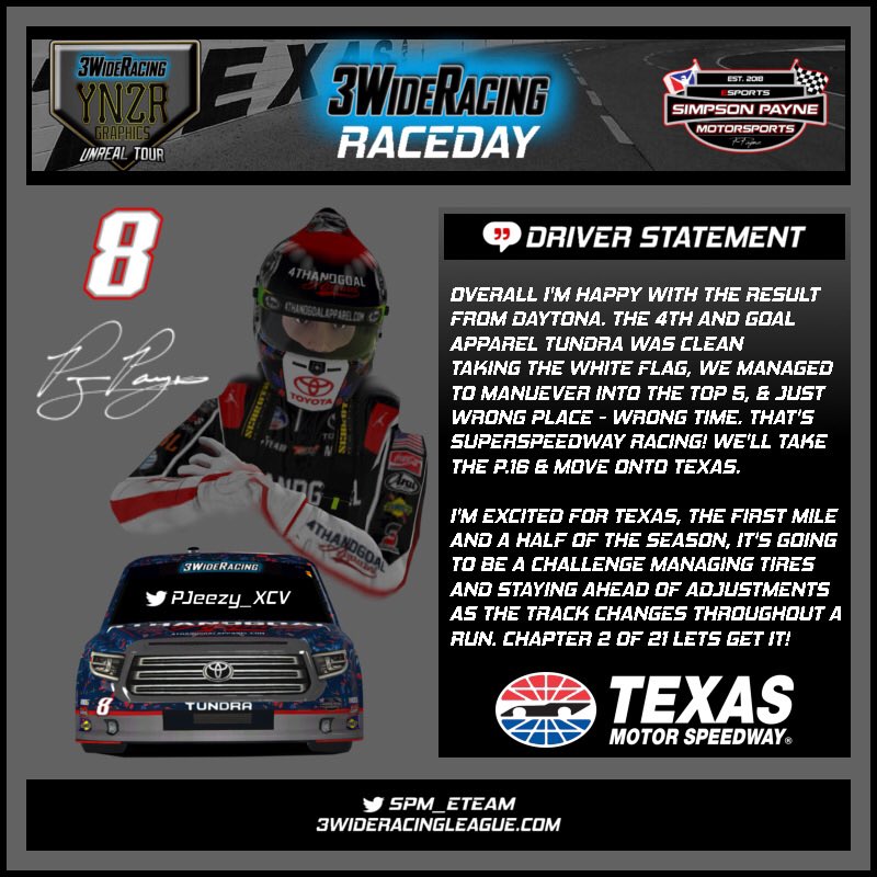 SPM_eTeam's tweet photo. Here’s what #SPMotorsports driver @RenegadePRD14 has to say before the @3WideRCN @YNZRGraphics Truck Series takes on @TXMotorSpeedway
Everything is bigger in Texas! Including the action, catch it all LIVE on @sym_tv 9:45 EST
https://t.co/XBUgGNwstP
#DropTheHammer | #AllF8ith https://t.co/0angGIwQ6t