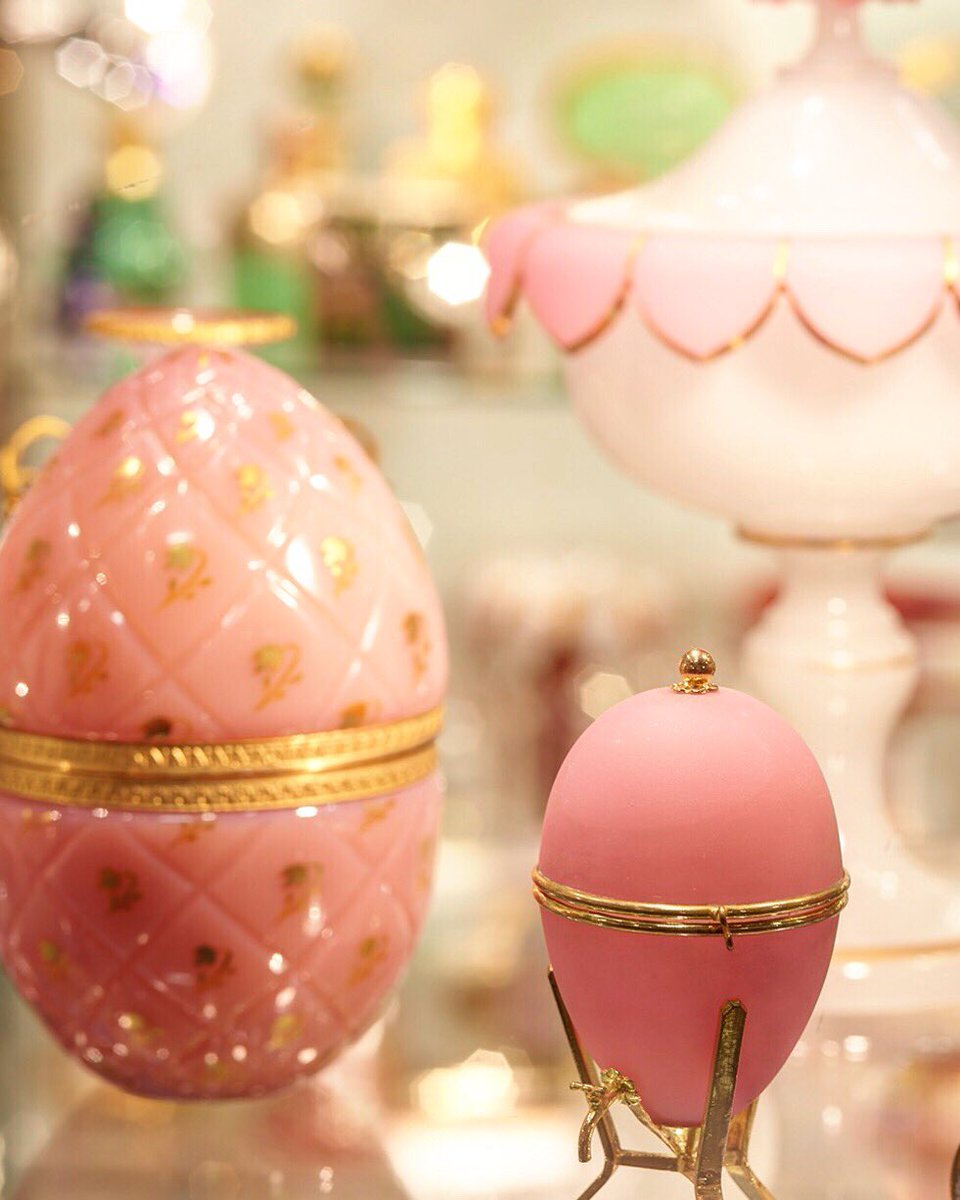 A large antique French pink opaline egg shaped glass casket box, and a small one. Spring is hatching in pink. From DF dealer Alexia Amato. #decorativefair