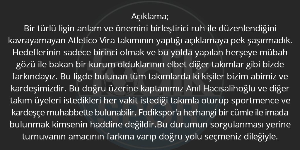 Açıklama!
<a href="/AtleticoVira/">Atlético Vira</a> takımının kaptanımız hakkında ki söylemlerine açıklamamızdır.