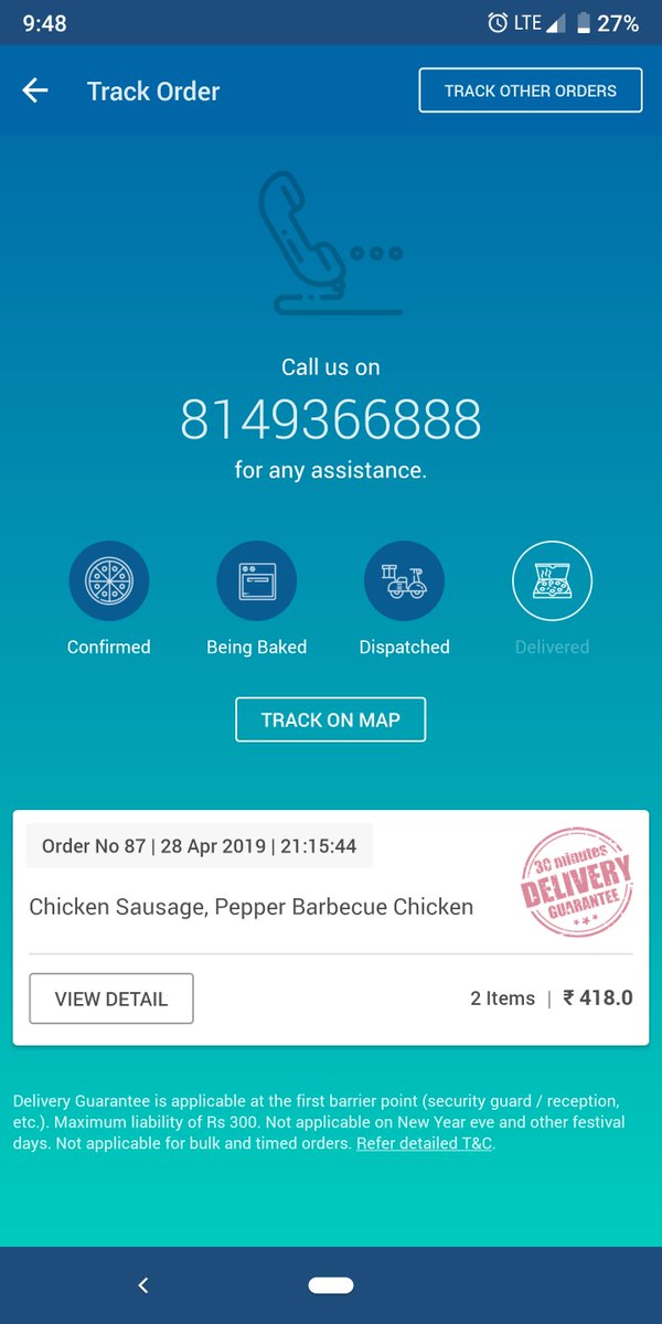 chrizandr's tweet photo. @dominos_india I had ordered 2 pizzas from your branch at 9:15, it is now 9:53 and I still haven't got them. The pizzas should be free if not delivered in 30 minutes according to your terms, correct? https://t.co/6i7d1a9b7v