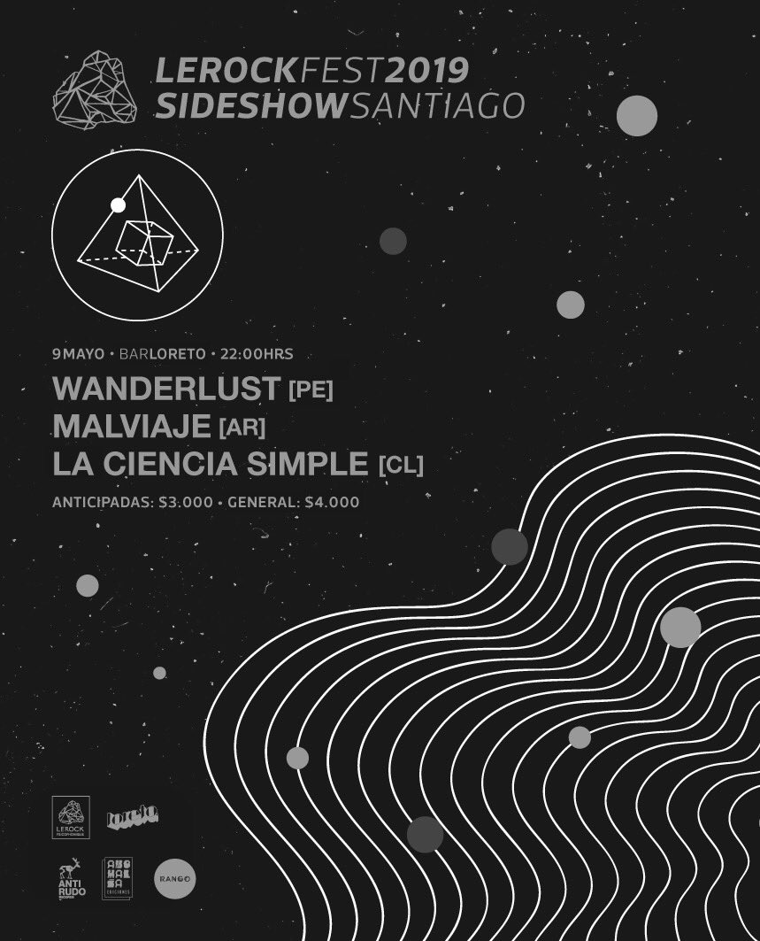 lerockcl's tweet photo. #LRF19 | #SIDESHOW | #SANTIAGO
•
@lacienciasimple 🇨🇱
@wanderlustperu 🇵🇪
@MalviajeMusica 🇦🇷
•
9MAY | @barloreto | 22:00HRS
•
Anticipadas: $3.ooo.-
General: $4.ooo.-
•
#otradelerock #LeRockFest #LeRockFest2019 #AntiRudo #Rango #AnomaliaEdiciones https://t.co/KTka0RHhw8