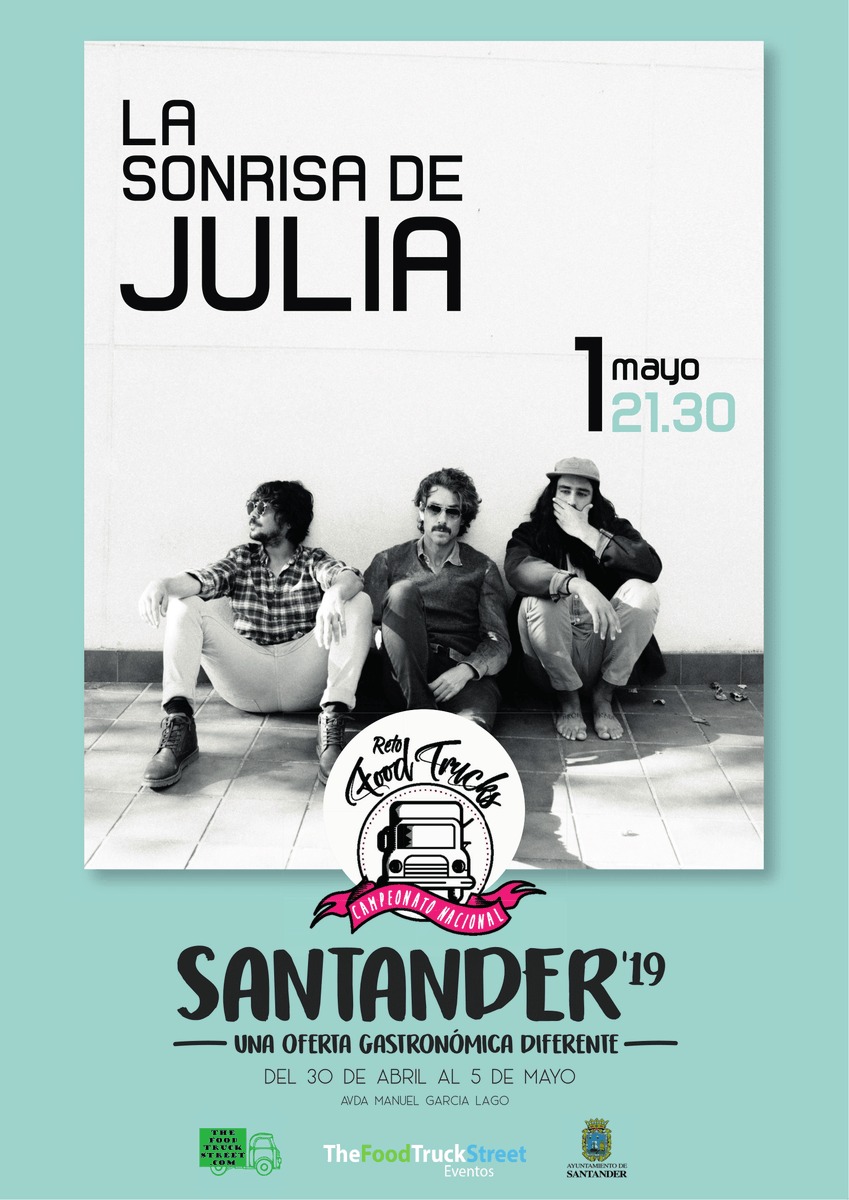 lasonrisadjulia's tweet photo. ¡El próximo 1 de mayo estaremos tocando en #Santander! Será a partir de las 21:30 en la Avenida Manuel García Lago, dentro de la programación de conciertos del Campeonato Nacional #RetoFoodTrucks y con acceso libre para todos. ¿Te vienes? ¡Haz RT y que se entere todo el mundo! 😉 https://t.co/PTjrHV3Xtv