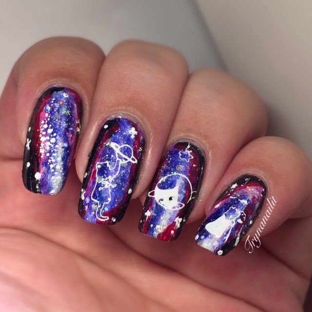 trynanailit's tweet photo. Just imagine... Cats... but IN SPACE 

I was recently gifted the Outer-Space L-001 plate &amp; the rainbow holographic stamper from @bornprettystore and isn’t it gorgeous?! I had to do galaxy cats! 🌌

#AD https://t.co/QkMoc3YWd3