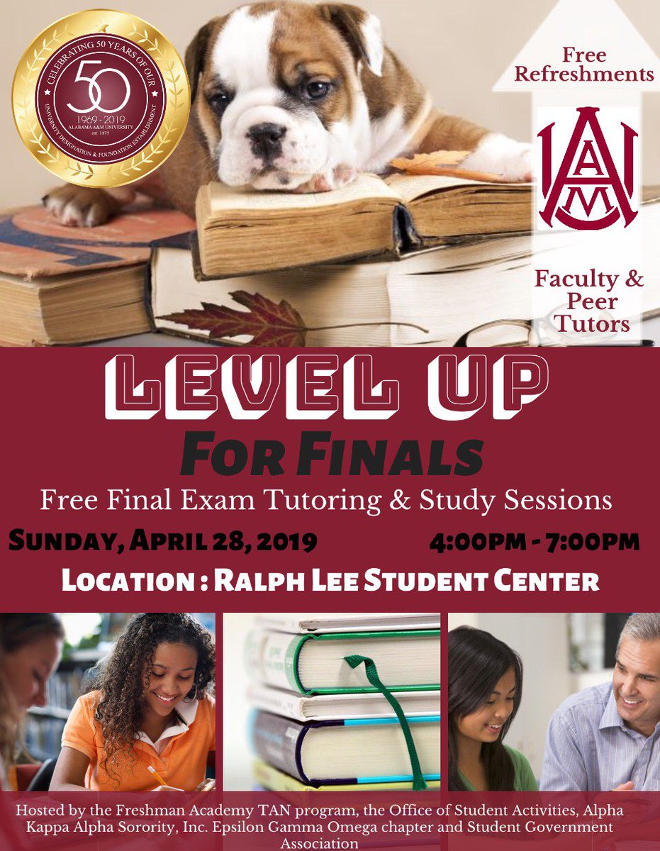 aamustudentlife's tweet image. Join us TODAY at 4pm for final exam tutoring and study session at the Ralph Lee Student Center. 
#AAMU #FinalExams #TutorialServices #ServiceIsSovereignty