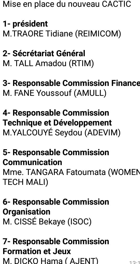 Bekaye223's tweet photo. Suite à l'#AG ordinaire de la Coordination des Associations & Clubs #TIC du Mali #CACTIC, le bureau s'est renouvelé pour 12 mois. Ensemble pour un #Mali #TIC au grand bonheur de la communauté. #AJENT #RTIM #AMULL #ADEVIM
@isocml @WtmBko @musodev @kbakary @traworetid @assidibe223 https://t.co/ih7J9io44b