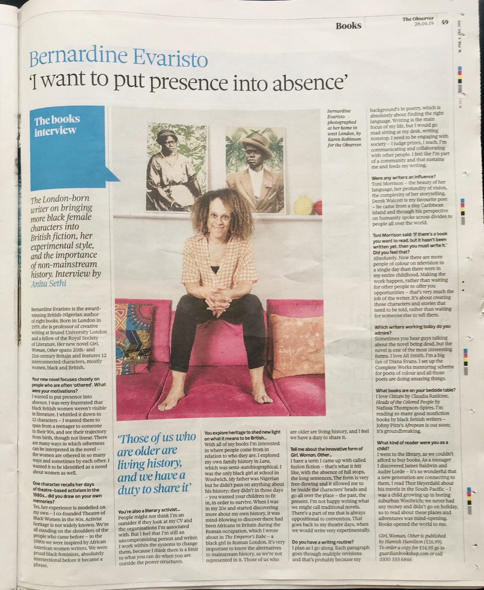 I interviewed Bernardine Evaristo <a href="/BernardineEvari/">Bernardine Evaristo</a> about her excellent new novel, experimental writing, activism, non-mainstream history &amp; more.

In today’s Observer 
theguardian.com/books/2019/apr…