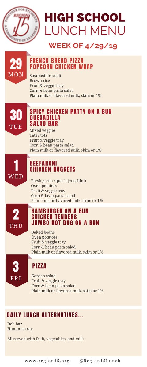 Here is the school lunch menu for PHS for the upcoming week.  Happy May!
<a href="/Region15Schools/">Region 15 Schools</a> @PJones2001#pomplife