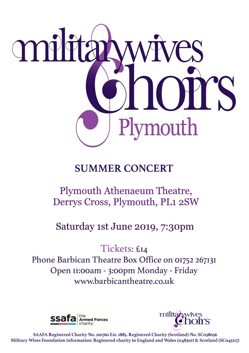 The #Summer concert performance by the <a href="/PlymouthMWC/">Plymouth MWC</a> at <a href="/BarbicanTheatre/">Barbican Theatre, Plymouth</a> #Plymouth Sat 1st June / tickets £14 💜
#livemusic #LoveTheBarbican <a href="/MWChoirs/">Military Wives Choirs</a> <a href="/MWCSupporters/">MWC Supporters</a> 
#StrongerTogether 📸📹🎶🎤
<a href="/SSAFA/">SSAFA</a>