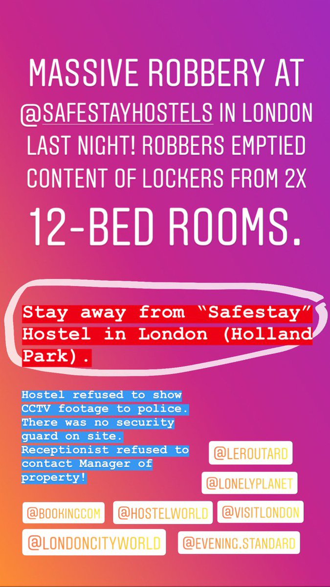 ❗️Massive ROBBERY <a href="/SafestayHQ/">Safestay hostels & hotels</a> <a href="/Safestay_Snags/">safestay holland park</a> in #London last night! 

➡️ ❗️RT to warn #travelers❗️⬅️

@lonelyplanetUK <a href="/bookingcom/">Booking.com</a> <a href="/GuideDuRoutard/">Le Routard</a> <a href="/hostelworld/">Hostelworld</a> <a href="/standardnews/">Standard News</a> <a href="/MetroUK/">Metro</a> <a href="/MetroUKNews/">Metro (Parody)</a> #ttot #tourism #lp #backpacker