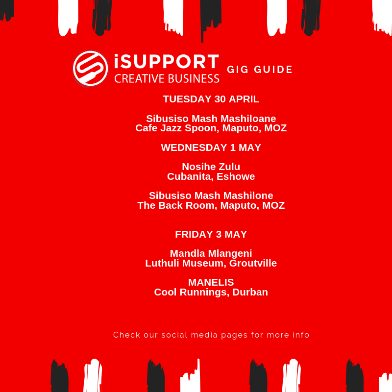 isupportdoyou's tweet photo. #gigguide presenting you another week ahead full of live music. We are in #eshowe #maputo #groutville and #durban this week to bring a spark of live music in your lives. Join! @concertsSA #mobilityfund #venuecircuit https://t.co/uzUsQffbDB