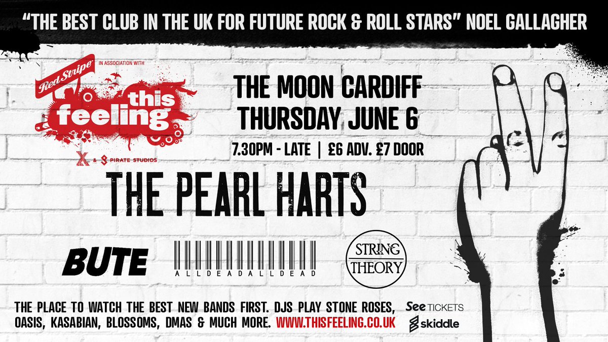 String Theory (@stringtheory_uk) on Twitter photo **GIG ANNOUNCEMENT**
Very excited to announce that we will be playing <a href="/This_Feeling/">This Feeling</a> at <a href="/TheMoonCardiff/">The Moon Cardiff 🎟️SUPPORT YR LOCAL MUSIC VENUE</a> alongside <a href="/ThePearlHarts/">The Pearl Harts</a> , <a href="/buteweare/">BUTE</a> and <a href="/alldeaduk/">All Dead, All Dead</a> on the 6th of June.
Tickets - thisfeeling.co.uk
See you there xx
@this_feeling
<a href="/redstripeuk/">Red Stripe UK</a>
@piratestudiosuk **GIG ANNOUNCEMENT**
Very excited to announce that we will be playing <a href="/This_Feeling/">This Feeling</a> at <a href="/TheMoonCardiff/">The Moon Cardiff 🎟️SUPPORT YR LOCAL MUSIC VENUE</a> alongside <a href="/ThePearlHarts/">The Pearl Harts</a> , <a href="/buteweare/">BUTE</a> and <a href="/alldeaduk/">All Dead, All Dead</a> on the 6th of June.
Tickets - thisfeeling.co.uk
See you there xx
@this_feeling
<a href="/redstripeuk/">Red Stripe UK</a>
@piratestudiosuk