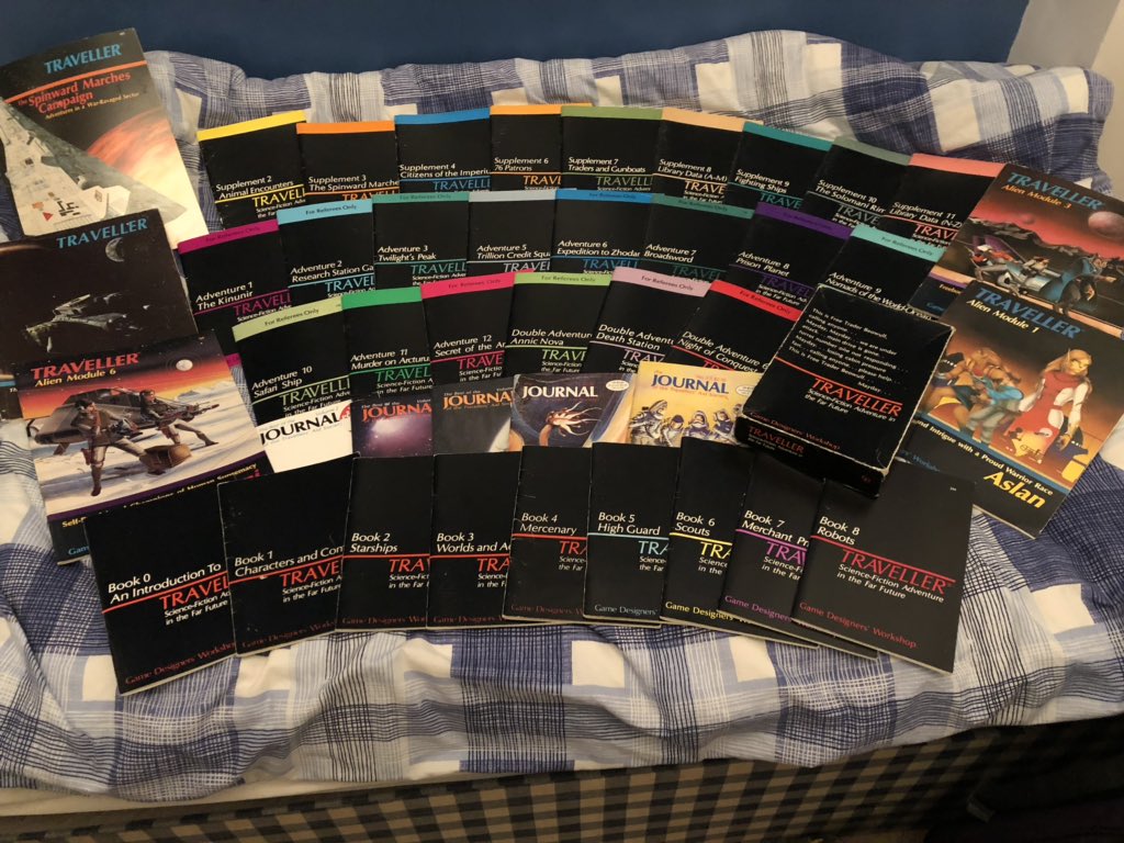 Heimdayl's tweet image. GDW released original Traveller in 1977.  Most adventures and supplements were set in “The Spinward Marches”, an area at the edge of The Third Imperium bordering Zhodani and Vargr space. The war games “Azanti High Lightning” and “Fifth Frontier War” added to the setting.