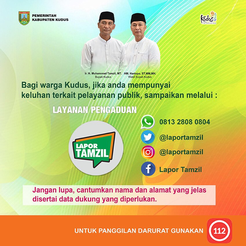 Apa yang menjadi kebutuhan masyarakat Kudus, kini diakomodir oleh bapak Bupati Kudus. Adanya layanan pengaduan tentang pelayanan publik dalam berbagai media sosial diharapkan mampu meningkatkan kualitas pelayanan di <a href="/Pemkab_Kudus/">Pemerintah Kabupaten Kudus</a>.