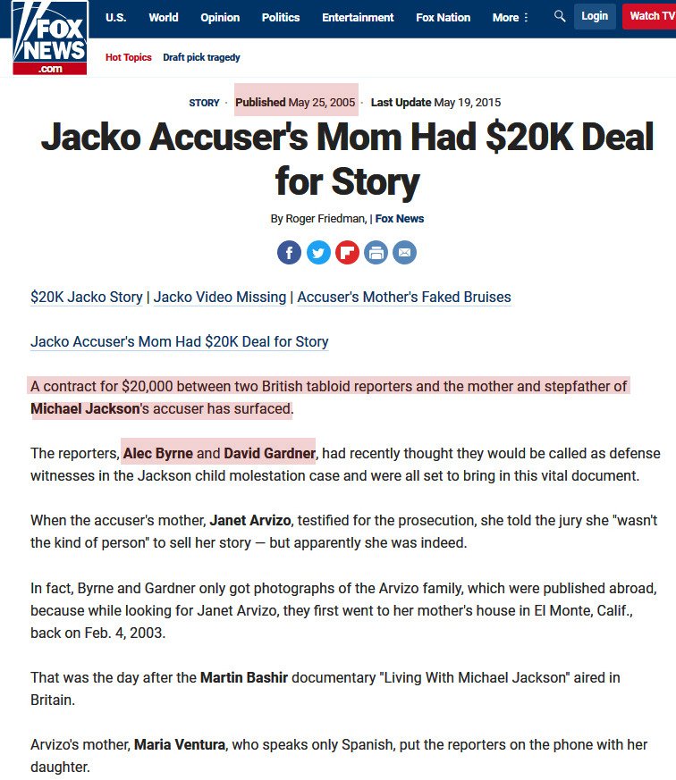 A 2005 report detailed how the 2005 accuser's mother had a $20K deal on the table with the  #media right after the Martin Bashir documentary aired. *sigh* -_-  #journalism  #michaeljackson https://www.foxnews.com/story/jacko-accusers-mom-had-20k-deal-for-story #leavingneverland