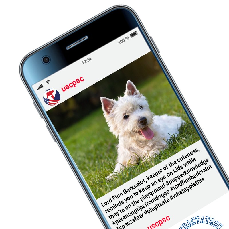 A picture of a dog in an app on a cell phone. The text reads: Lord Finn Barksalot, keeper of the cuteness, reminds you to keep an eye on your kids at the playground.