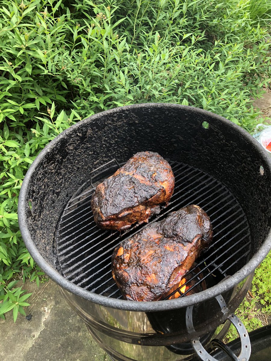 ramballhavoc's tweet photo. If it’s Sunday then it’s Smoke 💨 day!  2 Boston butts smoking over hickory wood and about 90 minutes from being wrapped. BBQ is in our future!  #SundayQ https://t.co/Z6X9oCgkKP