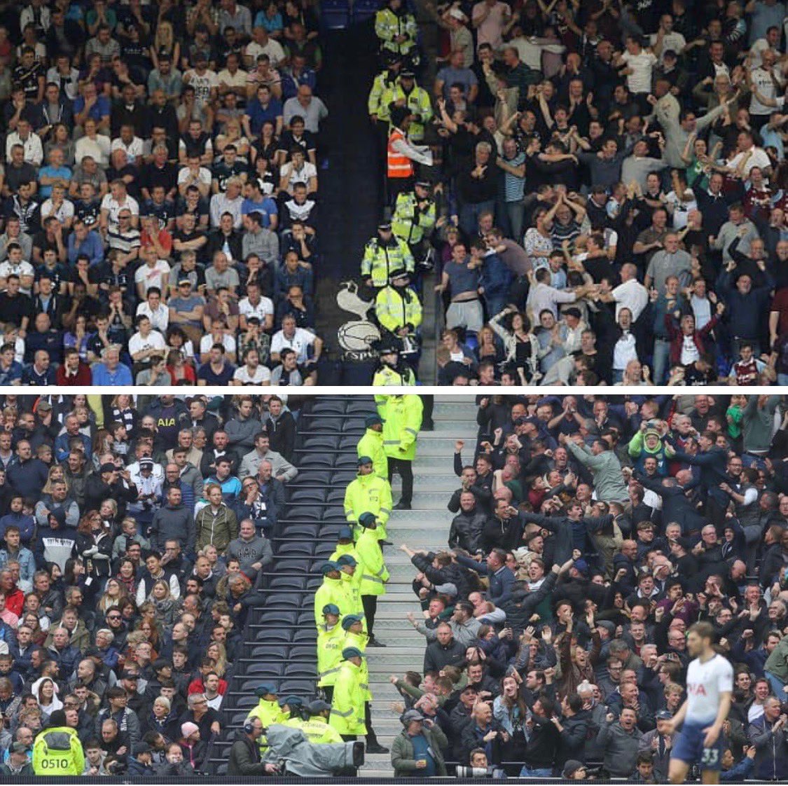 FBAwayDays's tweet photo. The top photo is of West Ham fans at Spurs back at White Hart Lane a few years back, the bottom one West Ham fans at Spurs on Saturday.

“Different stadium, same story....” #WHUFC #THFC https://t.co/sgq1XzkmTH