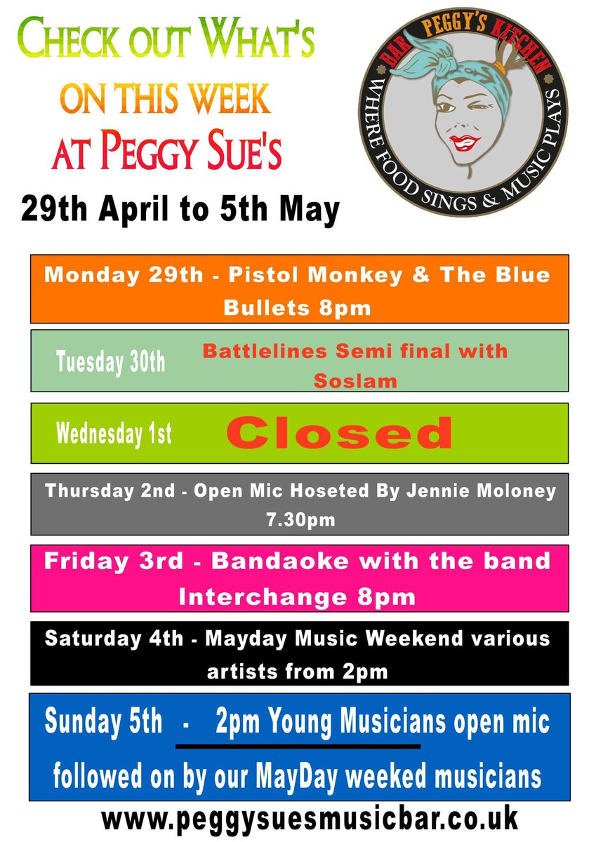 peggysuemusicb1's tweet photo. The week ahead @peggysuemusicb1 in #leighonsea
#livemusic #songwriting #openmic #bandaoke #MayDay #youngmusicians https://t.co/Qoh68jclNI