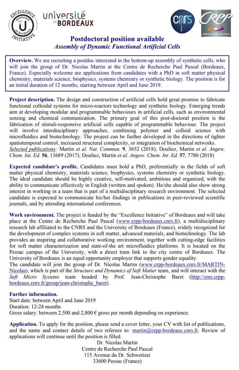 LRodriguezArco's tweet image. Postdoc position in assembly of dynamic functional #artificialcells in the group of Dr. Nicolas Martin at the Centre de Reserche Paul Pascal (@CNRS, @univbordeaux).