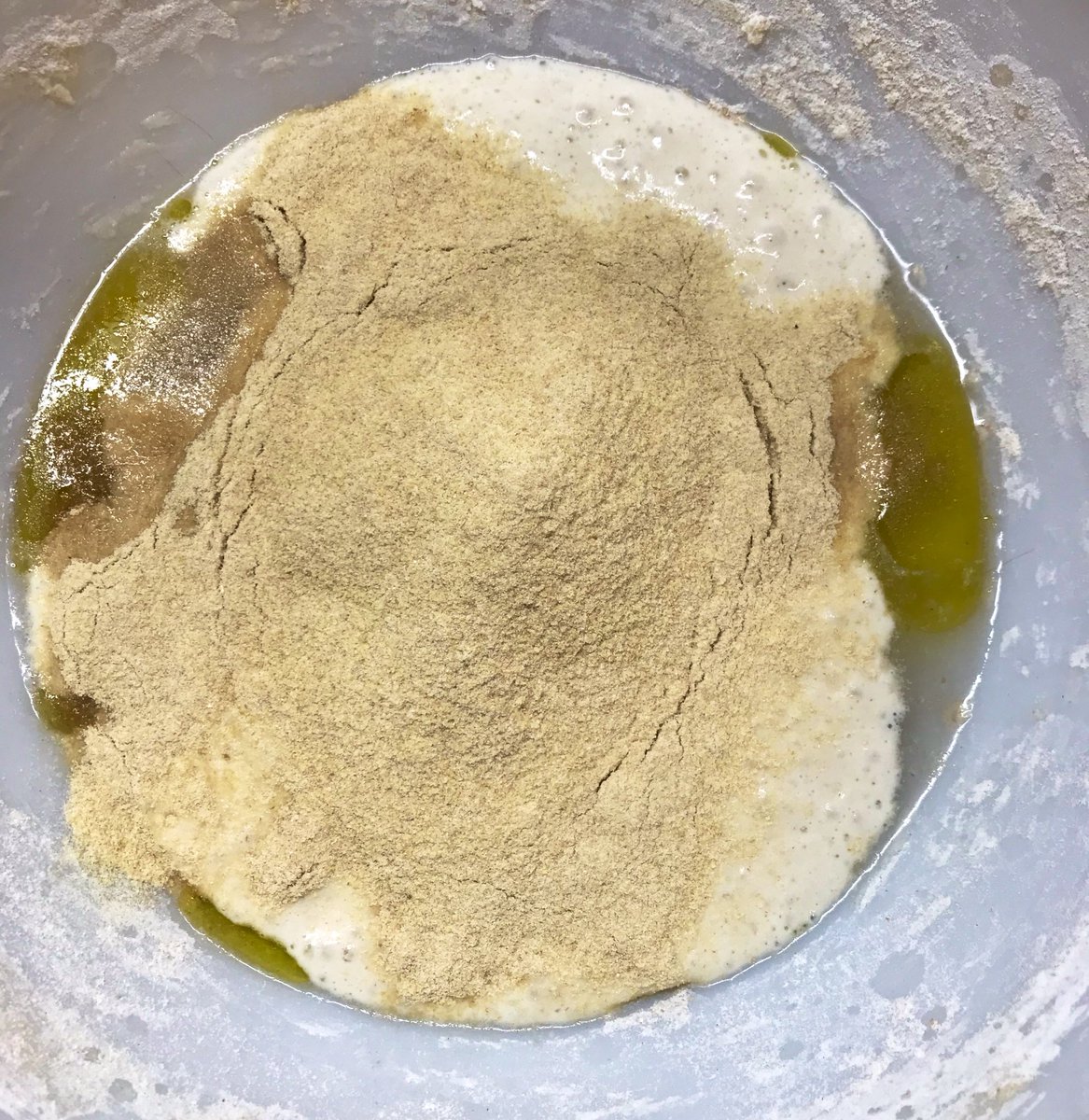 Now for the Kamut/Khorasan flour on the  @NASAJPL wild yeast. The COLOR of the Kamut flour is beautiful- and the SMELL is amazing. I dare say it reminds me of  @RealCapnCrunch cereal. It’s great. I’m very excited to see what comes out.