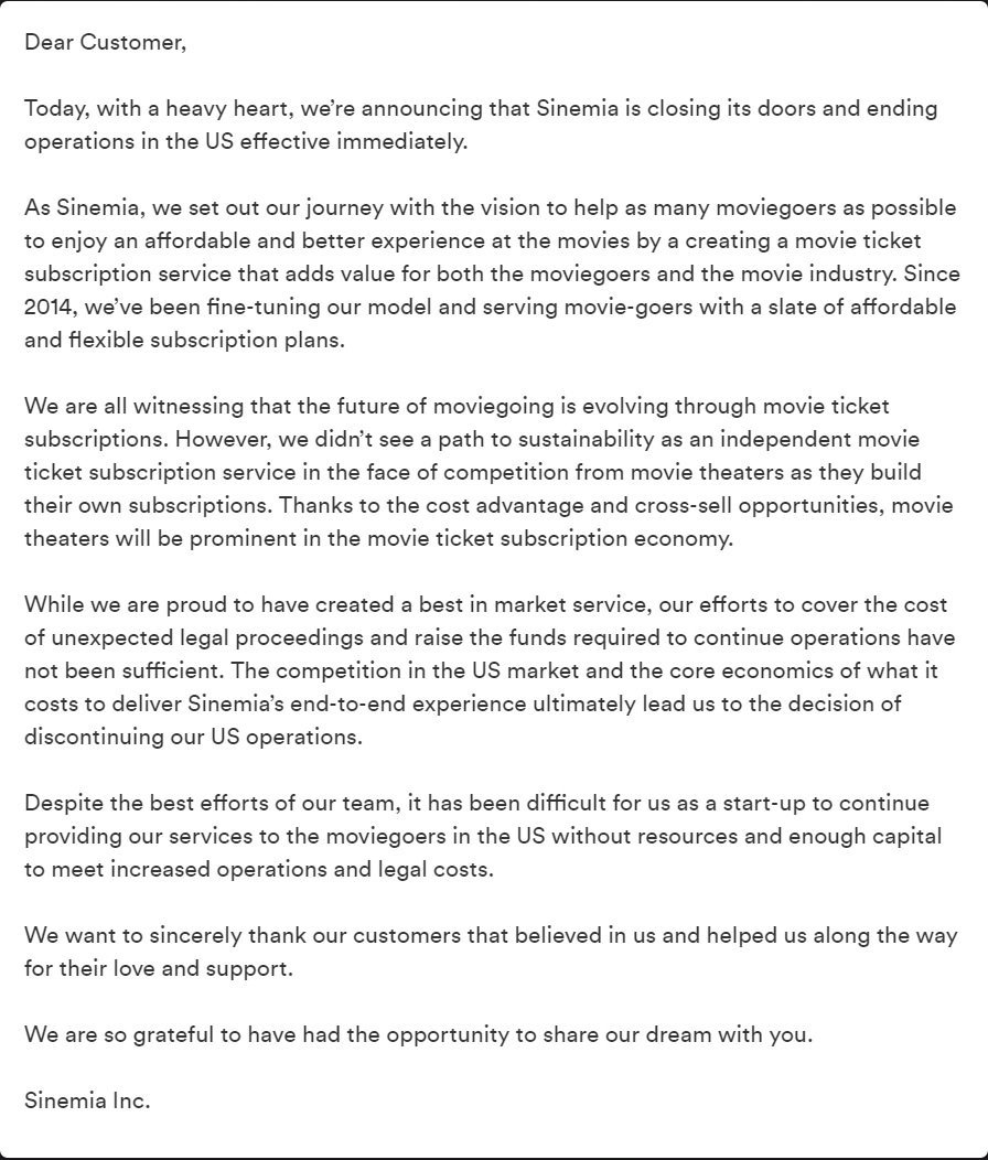 Kepi28058935's tweet photo. @emily_ann_24 @SinemiaApp Are you in the USA? If so, that might be because #Scamemia has gone out of business in the USA. Their site currently has the message seen in the screenshot. Might want to dispute all charges to them with your bank if you can. Some banks have time limits/restrictions. Good luck! https://t.co/uiVJdl7hLH