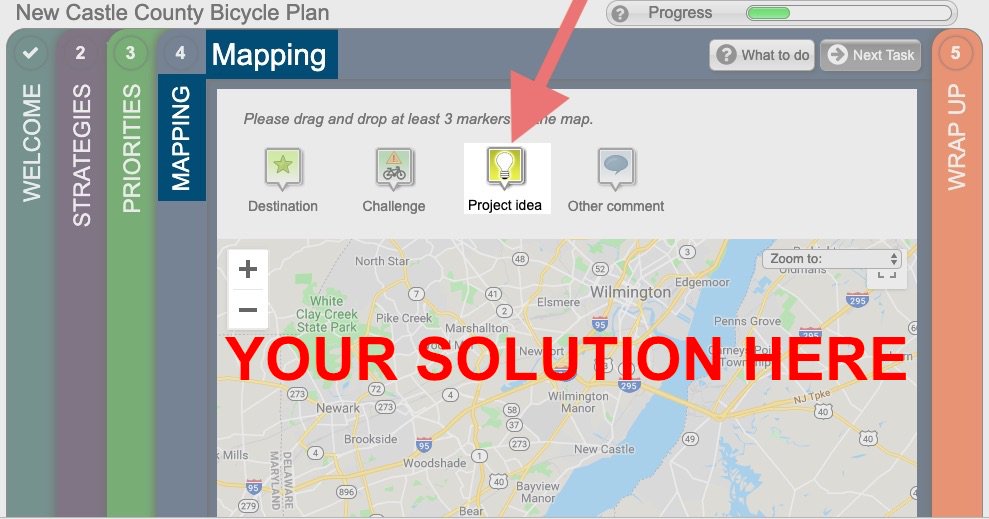 Do you live in <a href="/NCCDE/">New Castle County</a> and have a SOLUTION for improved bicycle connectivity (a new path? a new bike lane? a traffic calmed street?) in your community? If so, please go to bikencc.metroquest.com, select the blue MAPPING tab (see below), use the "+" button to zoom in and share it.