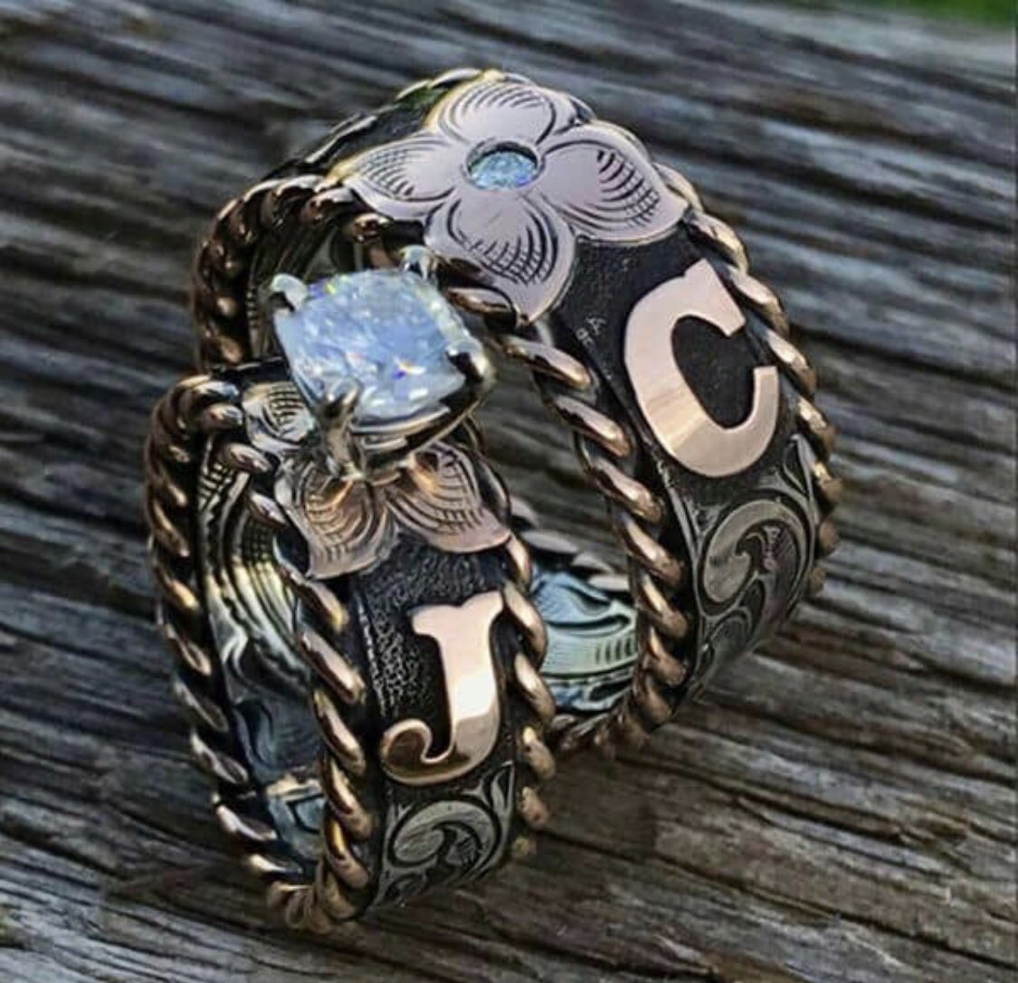 Square Cut Zircon Turquoise Enamel Cowgirl Western Silver Ring