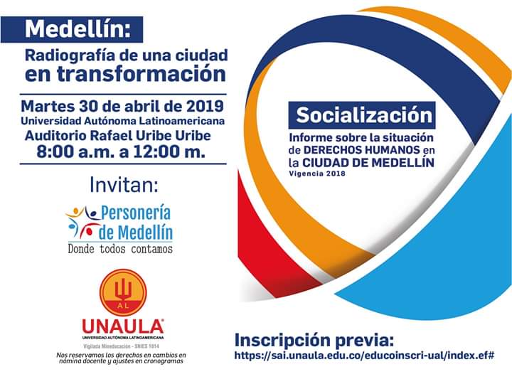 personeriamed's tweet photo. #INVITACIÓN 📄I El martes 30 de abril socializaremos el Informe sobre la situación de Derechos Humanos en Medellín, vigencia 2018. Lugar: @Unaula, a partir de la 8:00 am. Inscríbete y no te pierdas esta oportunidad 👉 https://t.co/cQ5tPqmdwk - #InformeDDHH2018 #DondeTodosContamos https://t.co/XVyJaIhGtN