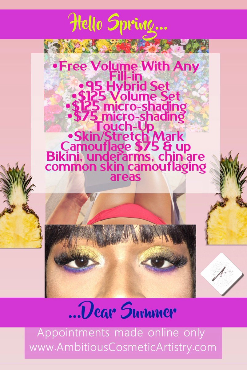 HELLO SPRING.... DEAR SUMMER
Book your appointments online now!!!

AmbitiousCosmeticArtistry.com

#rvabrows #rvamicroblading
#microbladingrva #804brows #microshadingrva #rvamicroshading #rvaeyebrows #petersburglashes
#rvaminklashes #rvalashes #lashesRVA
#rvalashextensions #804lashes