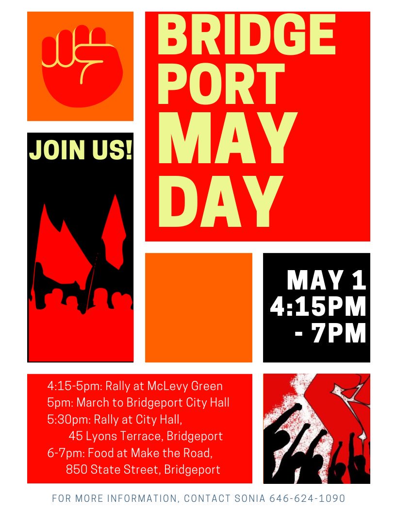 MaketheRoadCT's tweet photo. #MayDay is day of protest and celebration 📢🗣🎊 of the people that work to make our country strong - workers, immigrants ✊🏽✊🏽✊🏽 
Join us as we take to the streets on May 1st! 💪💪💪
✅ #Hartford @ 12pm: https://t.co/Z6j8e6b9GX
✅ #Bridgeport @ 4:15-7pm: https://t.co/N0fs9CGIDu https://t.co/Sc6R58jPHQ