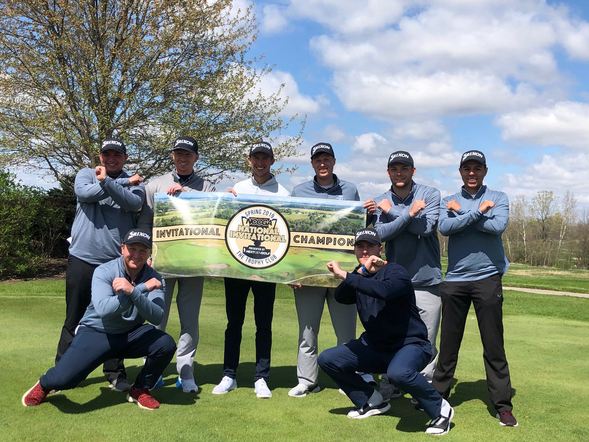 XavierClubGolf's tweet photo. Put up the banner and organize the parade because your 2019 Spring team is bringing home the NCCGA National Invitational Championship to Victory Pkwy! Higher scores today given conditions but still enough to pull off the W and bring home some hardware #TraditionsBeginToday #XUCG https://t.co/i3Qkr8Ul4Z