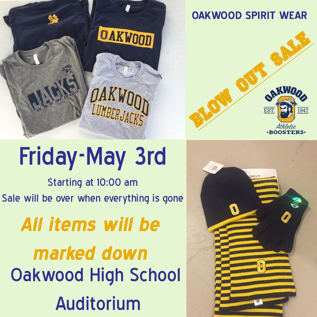 club_jacks's tweet image. The Oakwood Spirit Wear Spring Blow Out Sale is Friday, May 3, starting at 10:00 AM in the Oakwood High School auditorium lobby.  The lobby entrance is on Far Hills at the front of the school
 
Cash, credit cards and checks are accepted. The sale will end once all items are sold.