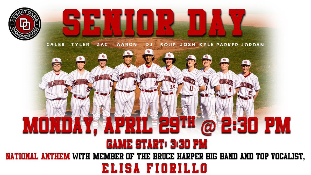 dobaseballteam's tweet image. ⚾️Game Day TOMORROW 4/29!⚾️

🏟: Diamondback Field
👑: Senior Day Begins @ 2:30 PM
🎤: National Anthem @elisa_fiorillo
⏰: 3:30 PM Game Start
🆚: @cougarsbballnv 
📲: goo.gl/zFTvDG 
🎟: Free Admission
🥤: Concession Open
🌡: ☁️ and 7️⃣5️⃣ degrees
🗣: Support Your DBacks