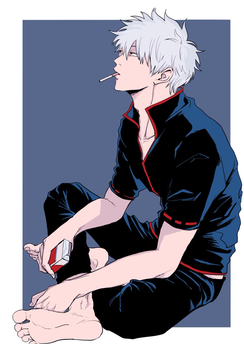 sakata gintoki 1boy male focus solo barefoot black pants sitting cigarette  illustration images