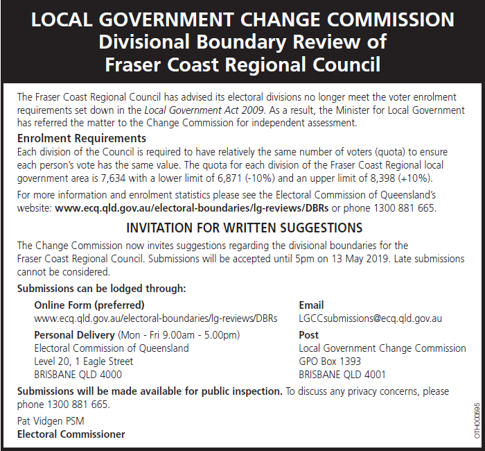 ECQ (@ecqinfo) on Twitter photo Hey Fraser Coast- have a say on council boundaries!
The Local Government Change Commission is reviewing Council divisions to ensure they have an even number of voters. That means boundaries could change. Public suggestions close 5pm 13 May. ecq.qld.gov.au/electoral-boun…
<a href="/FraserCoastRC/">Fraser Coast Council</a> Hey Fraser Coast- have a say on council boundaries!
The Local Government Change Commission is reviewing Council divisions to ensure they have an even number of voters. That means boundaries could change. Public suggestions close 5pm 13 May. ecq.qld.gov.au/electoral-boun…
<a href="/FraserCoastRC/">Fraser Coast Council</a>