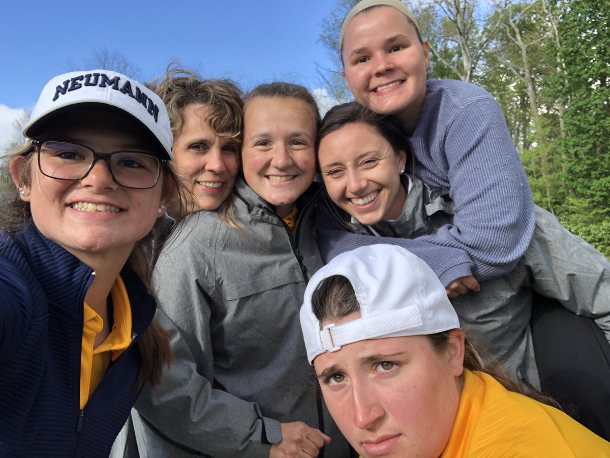 NeumannWGOLF's tweet photo. Second day at Centennial Conference Championship and these ladies made it happen! Soccer ball golf balls made the round fun! Thank you to all that made this year possible! @NeumannWIH @NeumannWSOC @ISSCD #NeuKnight #weplayforeachother https://t.co/Dih7gXumUk