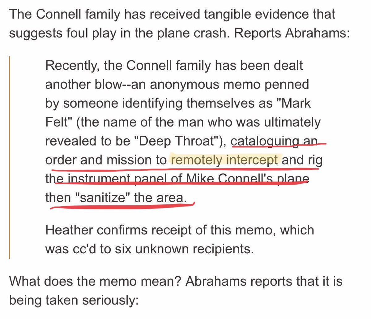 The Connell family received an anonymous memo by someone identifying themselves as "Mark Felt" AKA "Deep Throat" cataloguing an order & mission to REMOTELY intercept & rig the instrument panel of Connell's plane then "sanitize” itcc  @knowledgevendor  @DerWouter  @MingGao26